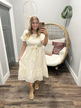 VICKIE CREAM FLORAL EMBROIDERED BELTED DRESS