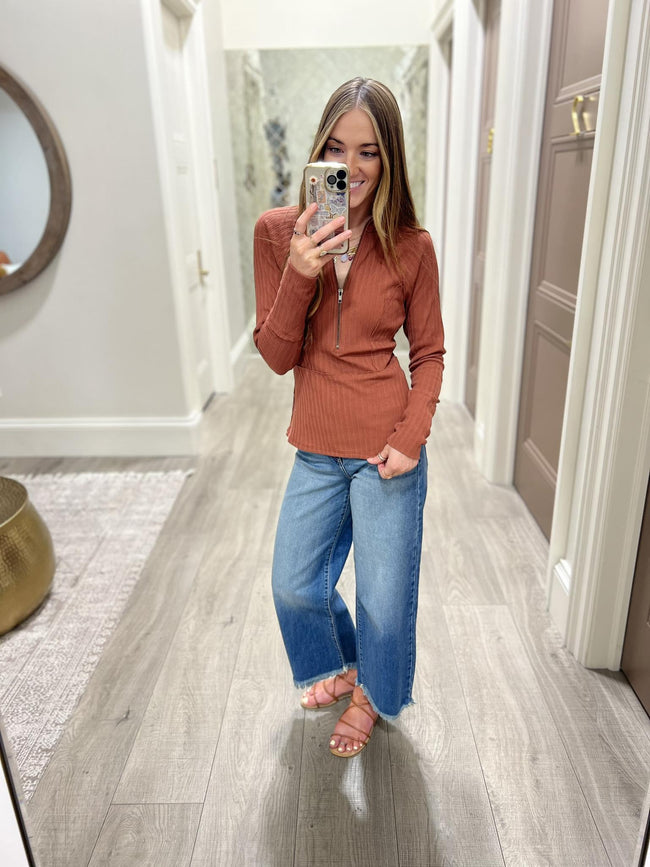 HADLEE RUST RIBBED HALF ZIP SWEATER TOP
