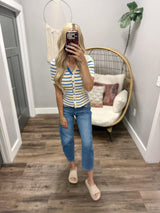 ANDREA CREAM AND COBALT STRIPE BUTTON UP TOP