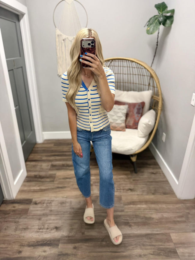 ANDREA CREAM AND COBALT STRIPE BUTTON UP TOP