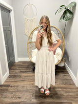 PAYTEN LIGHT TAUPE SATIN SMOCKED DRESS