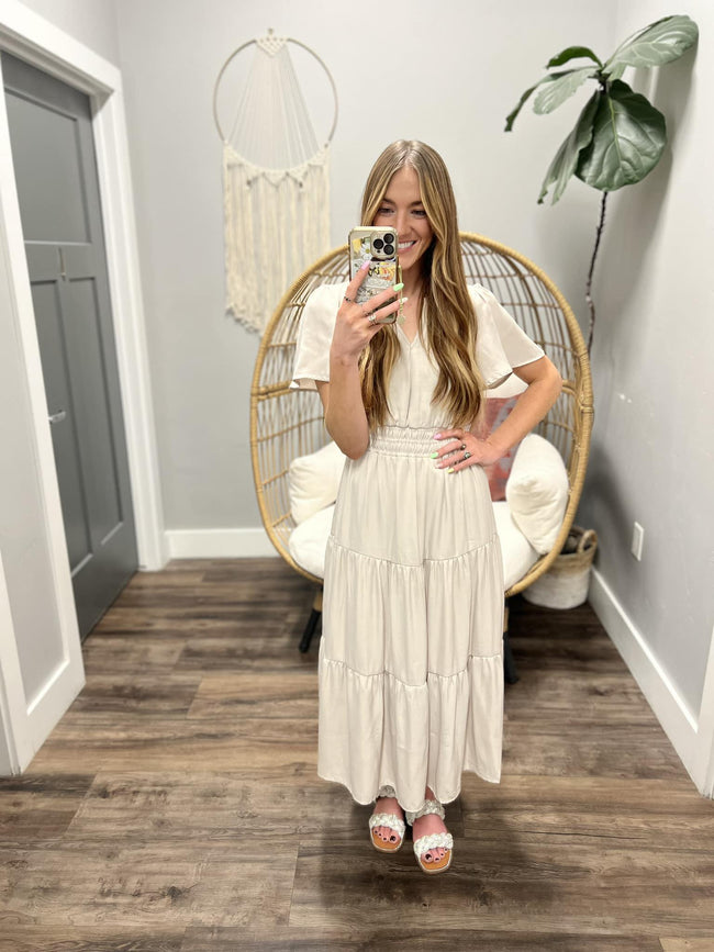 PAYTEN LIGHT TAUPE SATIN SMOCKED DRESS