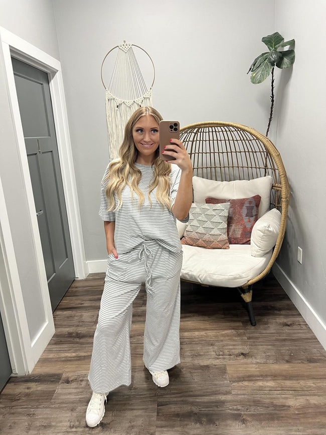 KATIE HEATHER GREY STRIPE SHORT SLEEVE 2 PIECE SET