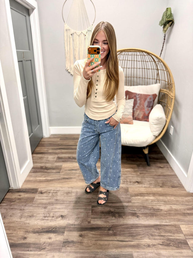 JENNIE LIGHT KHAKI BUTTON UP HENLEY TOP