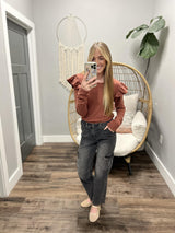 AMILIA BRICK RED STRIPE PUFF LONG SLEEVE TOP