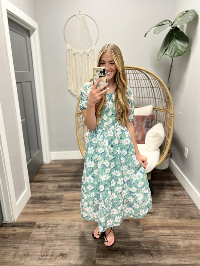 JASMINE TEAL FLORAL SMOCKED MIDI DRESS