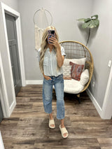 SARA DENIM PINSTRIPE POCKET BLOUSE TOP