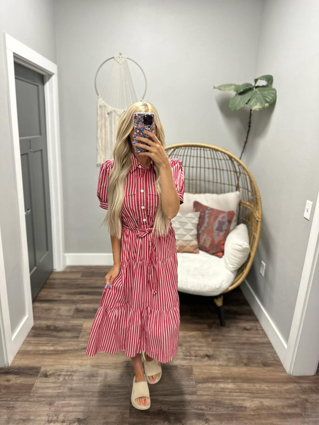 LIBERTY RED WHITE PINSTRIPE TIE FRONT BUTTON DRESS