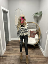 MYLA BLACK AND IVORY STRIPE BOW CARDIGAN