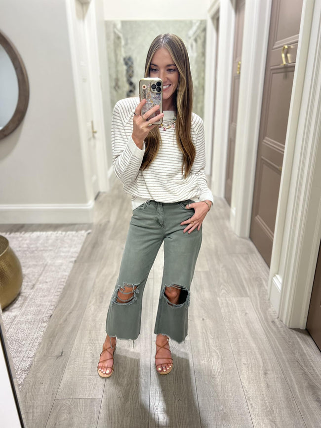 MARGOT IVORY AND TAUPE STRIPE SWEATER TOP
