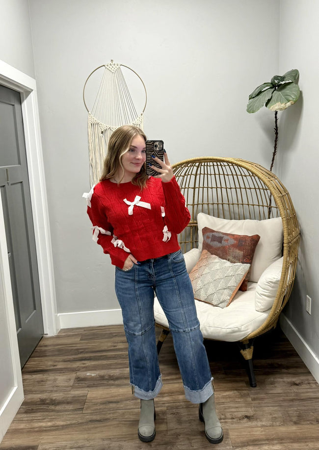 RED PRETTY IN BOWS KNIT SWEATER TOP