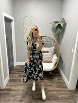 CONNIE BLACK FLORAL TIE WAIST BELTED DRESS
