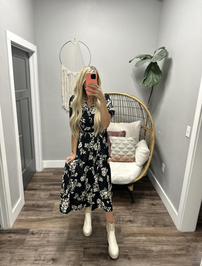 CONNIE BLACK FLORAL TIE WAIST BELTED DRESS