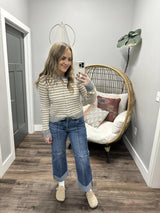 KRISTY KHAKI STRIPE BUTTON UP KNIT CARDIGAN TOP