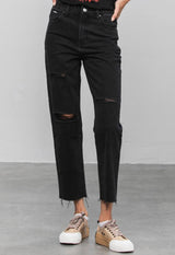 MARLIE BLACK RAW STRAIGHT DENIM JEANS