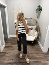 TIFFANY NAVY IVORY STRIPE BUTTON UP HOODED TOP