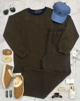 *2 PIECE SET* KRISTIN CAMEL AND NAVY STRIPE TOP AND BOTTOMS