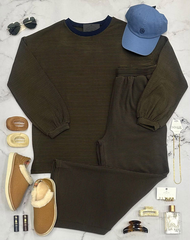 *2 PIECE SET* KRISTIN CAMEL AND NAVY STRIPE TOP AND BOTTOMS