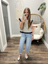 MARINDA NAVY AND IVORY STRIPE SHORT SLEEVE TOP