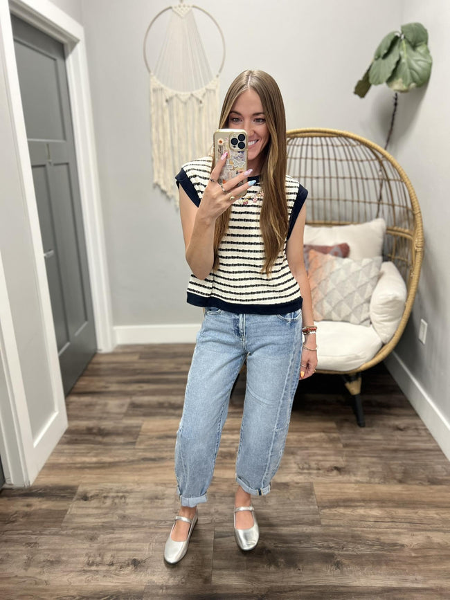 MARINDA NAVY AND IVORY STRIPE SHORT SLEEVE TOP