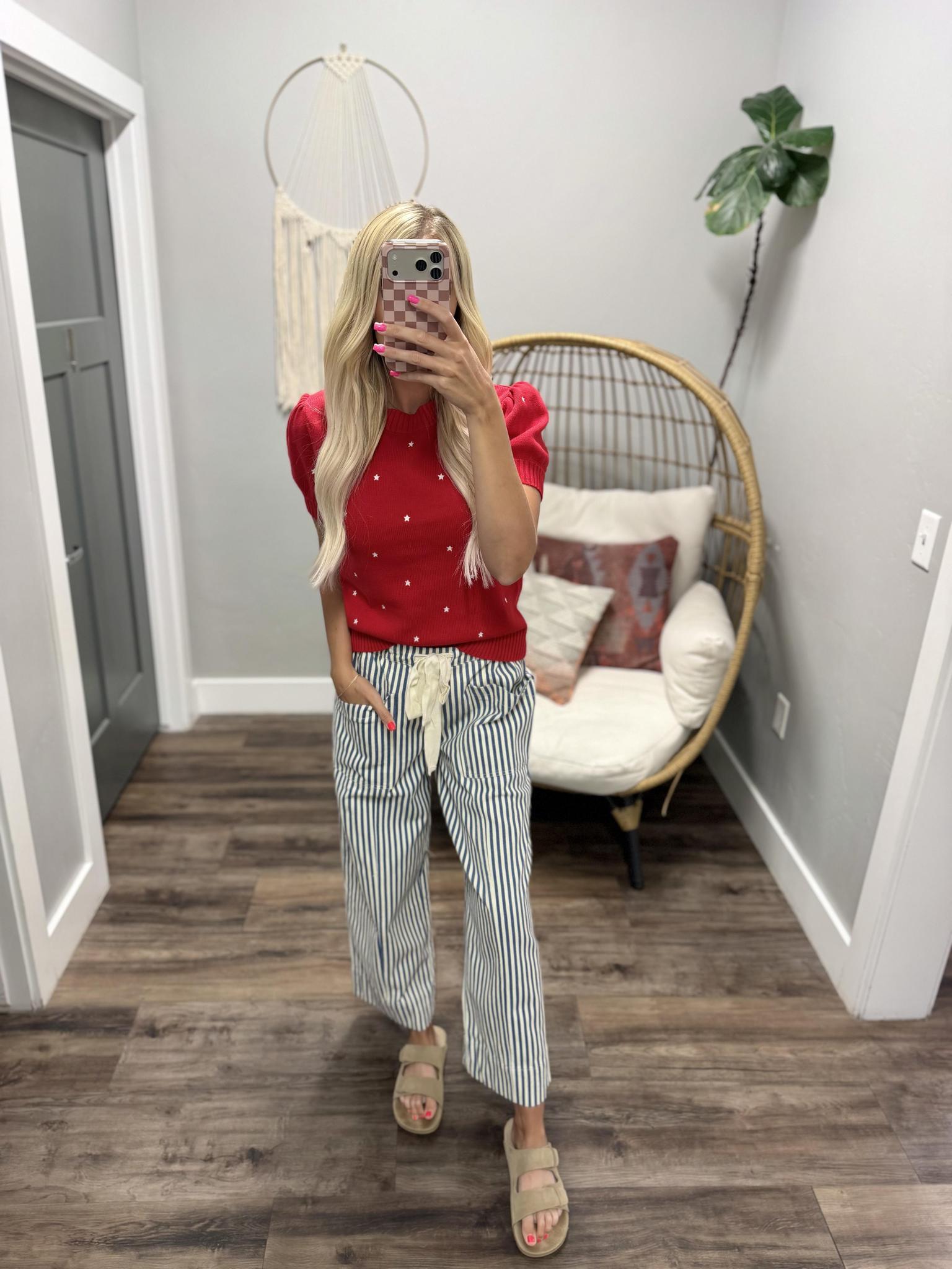 HARRISON RED STAR EMBROIDERED PUFF SLEEVE BLOUSE TOP