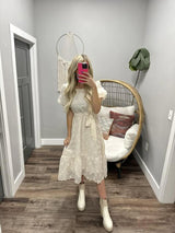 VICKIE CREAM FLORAL EMBROIDERED BELTED DRESS