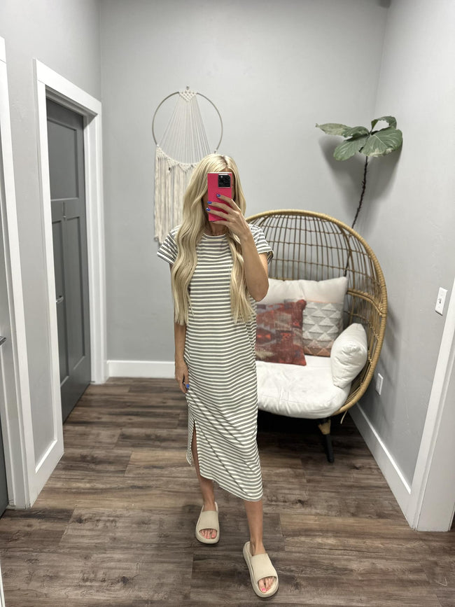 MICHELLE CREAM AND BLACK STRIPE T SHIRT DRESS