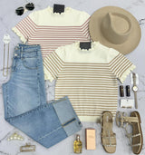 AMELIA IVORY AND PINK STRIPE SCALLOP TRIM TOP