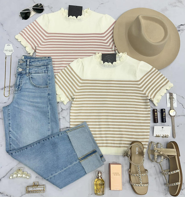 AMELIA IVORY AND PINK STRIPE SCALLOP TRIM TOP