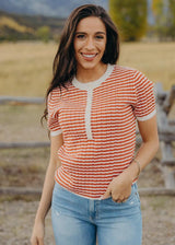 HENLEY KNIT SWEATER IN CINNAMON STRIPE