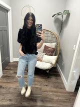 VICTORIA BLACK VELVET PUFF SLEEVE BLOUSE