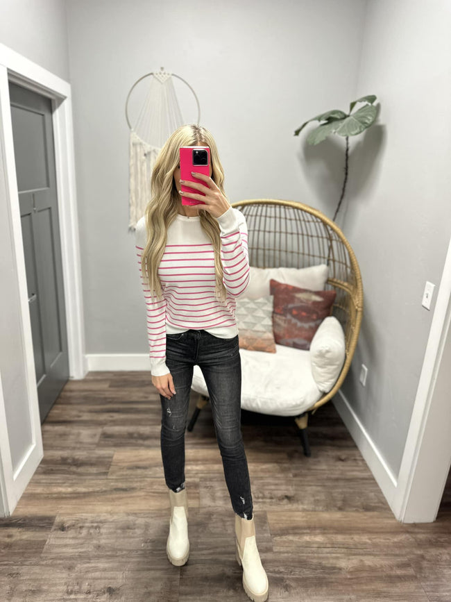 SAMI WHITE AND PINK STRIPE LONG SLEEVE SWEATER TOP