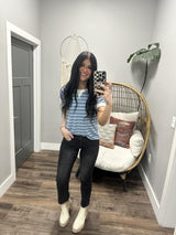 STACI BLUE STRIPE RIBBED SHORT SLEEVE TOP