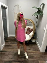 PINK LEATHER DRESS SMOCK SLEEVE DETAIL