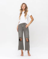 LESLIE OLIVE DISTRESSED KNEE DENIM JEANS