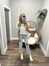 SARA WHITE RIBBED PUFF SLEEVE BLOUSE TOP