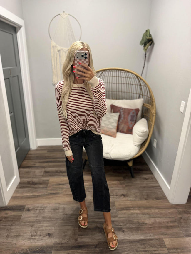 MARKIE CREAM AND BURGUNDY SOFT STRIPE SWEATER
