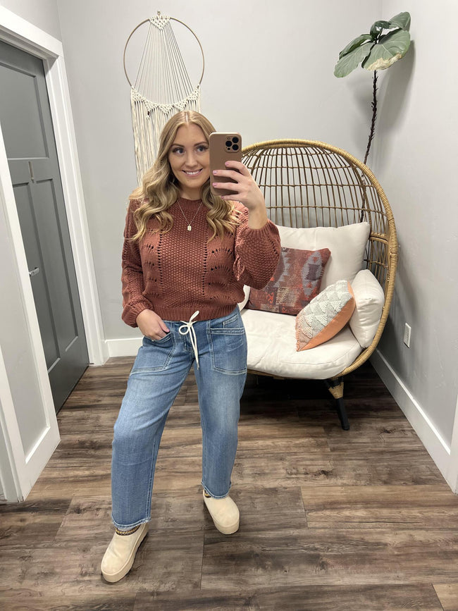 LOLA MARSALA OPEN KNIT SWEATER TOP