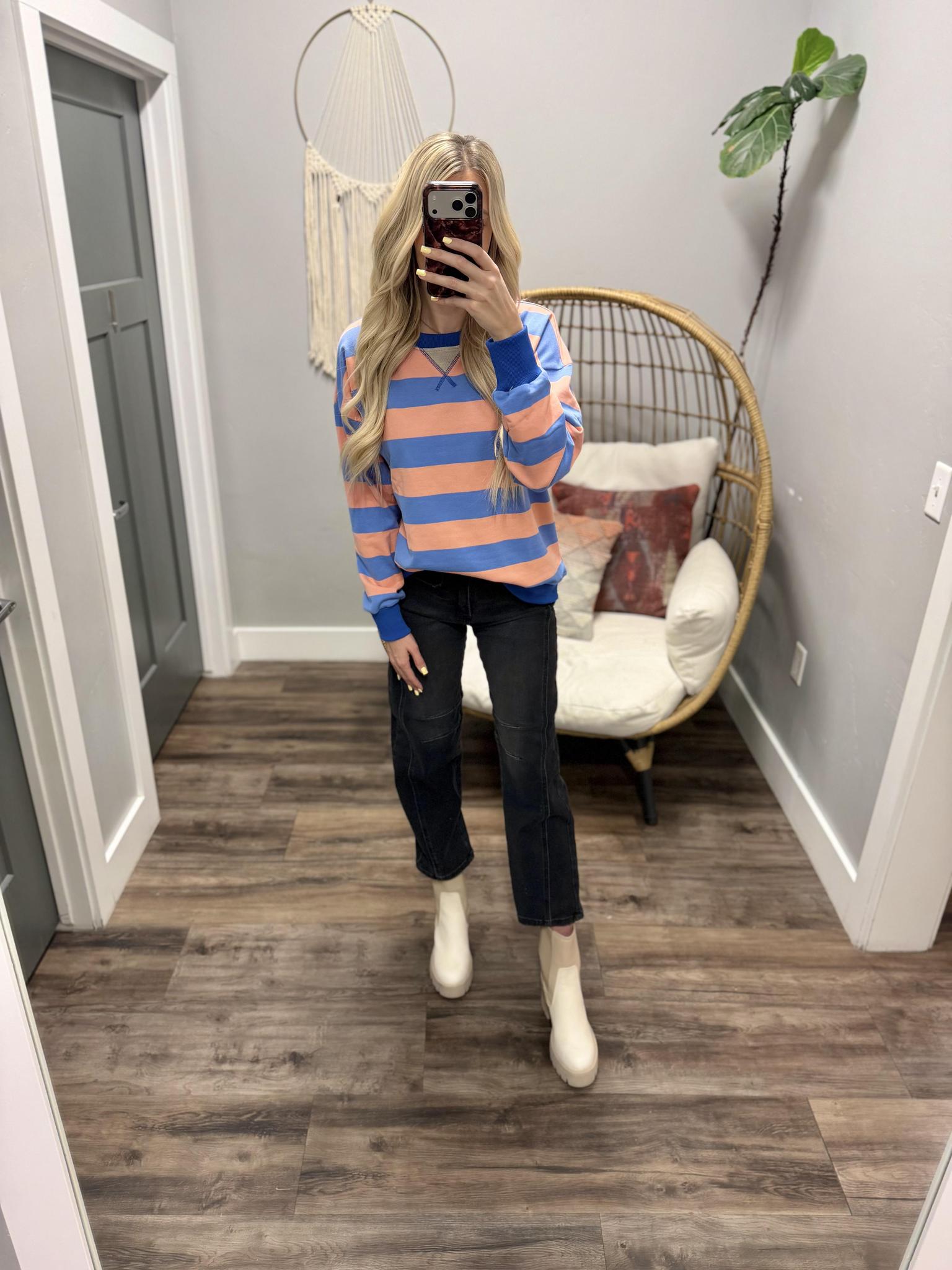 TARYN BLUEBERRY PEACH STRIPE SWEATSHIRT TOP