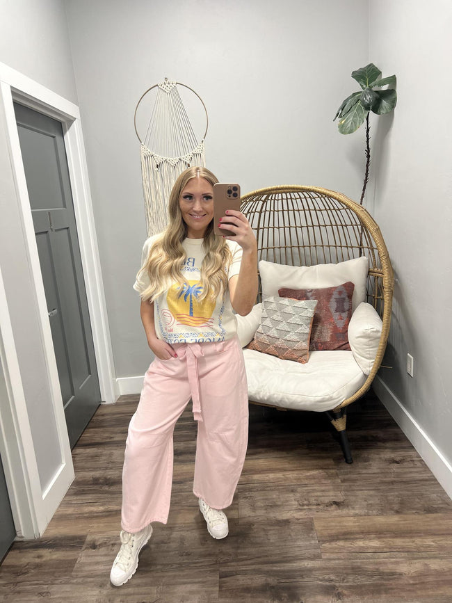 CYNTHIA LIGHT PINK BARREL TIE FRONT DENIM JEANS