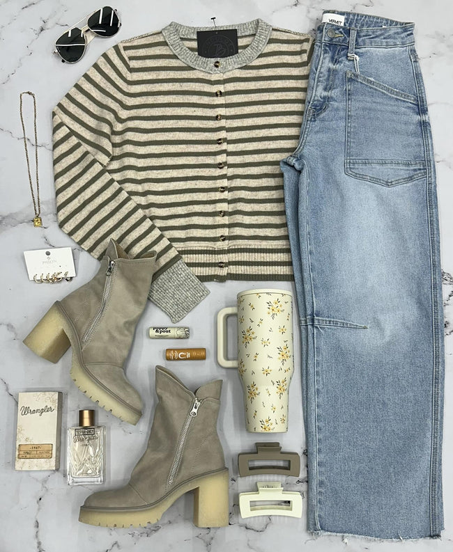 MCKENZIE OLIVE OATMEAL GREY STRIPE CARDIGAN TOP
