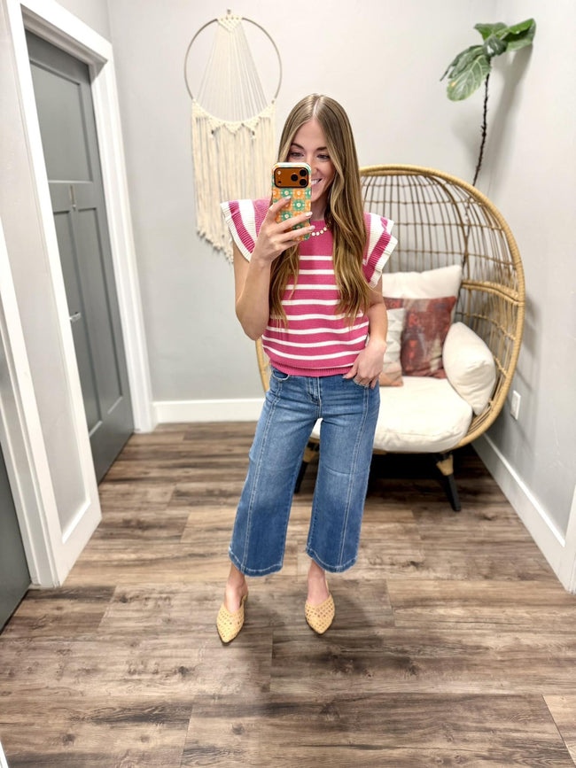 JENNIFER PINK KNIT STRIPE RUFFLE SHORT SLEEVE SWEATER TOP