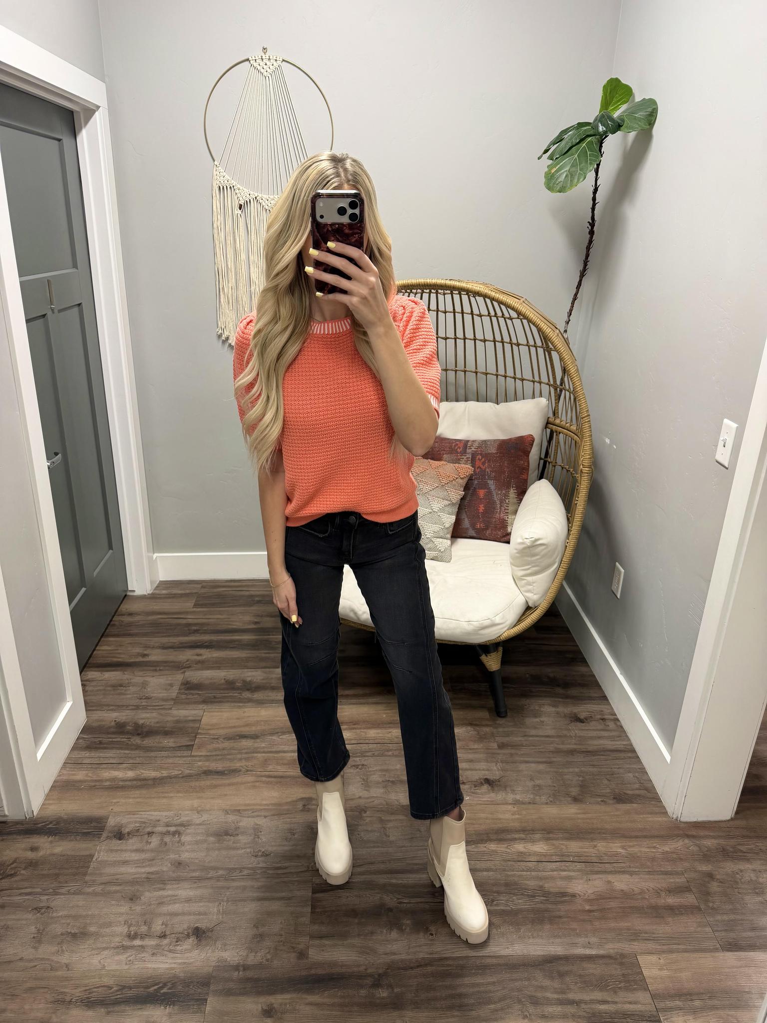 HAVEN CORAL STITCH DETAIL KNIT SHORT SLEEVE TOP