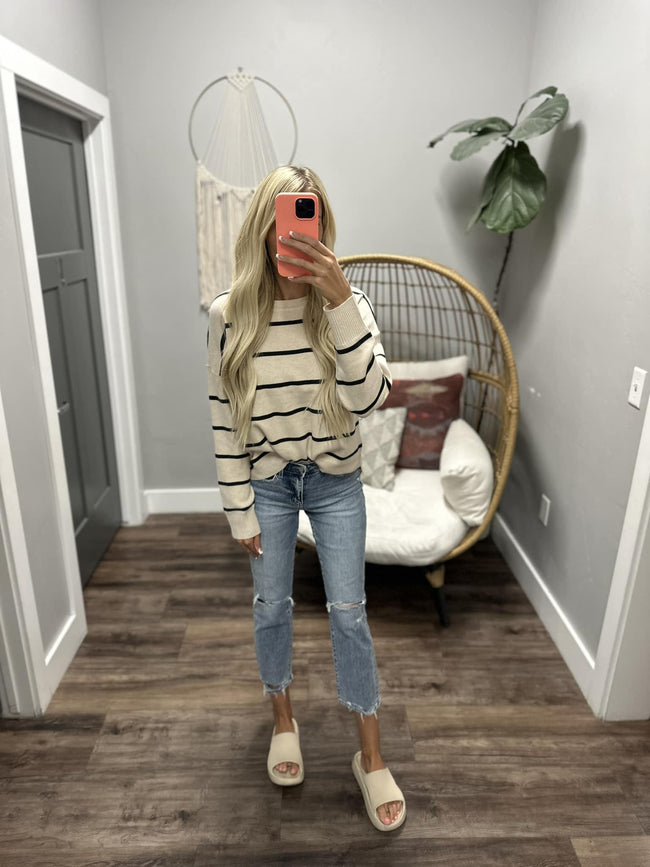 GISELLE CREAM AND BLACK STRIPE SWEATER TOP