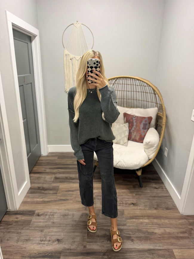 JOSIE DARK GREEN WASHED LONG SLEEVE SWEATER TOP
