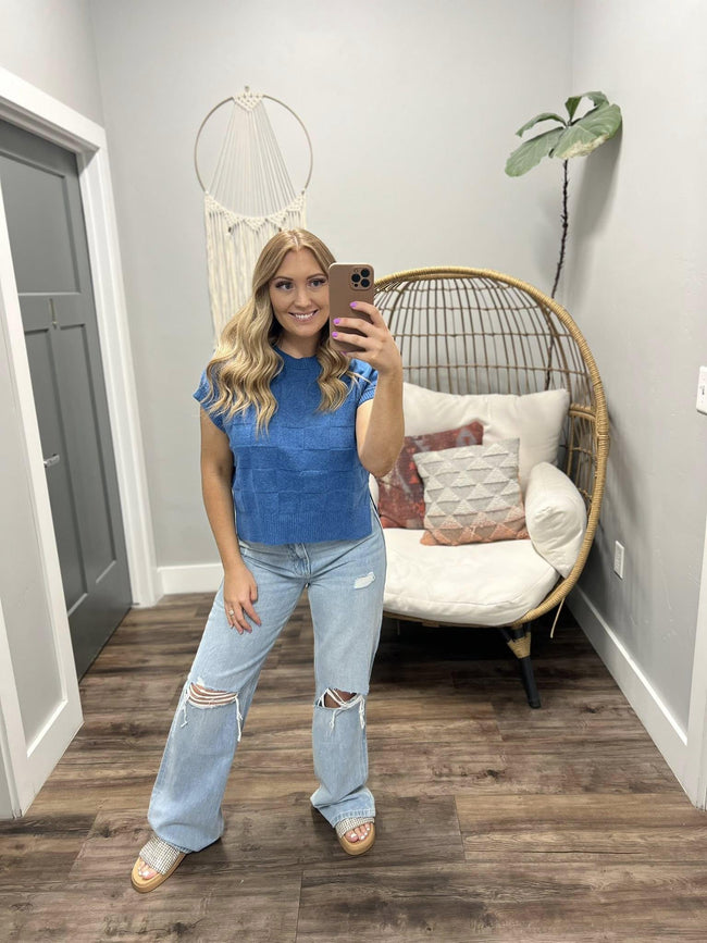 LINDA BLUE CHECKERED SWEATER TOP