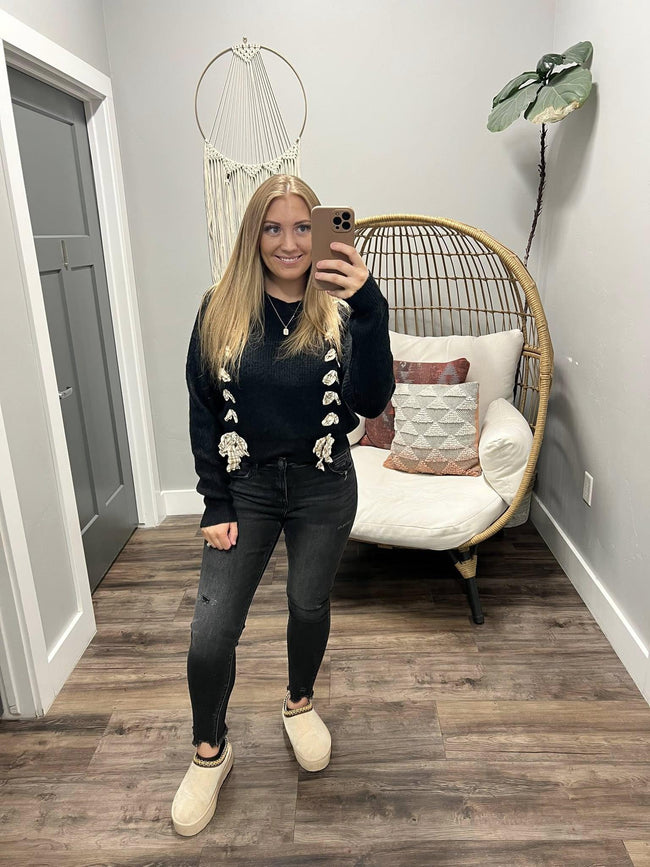 KENDRA BLACK PLAID BOW DETAIL SWEATER TOP