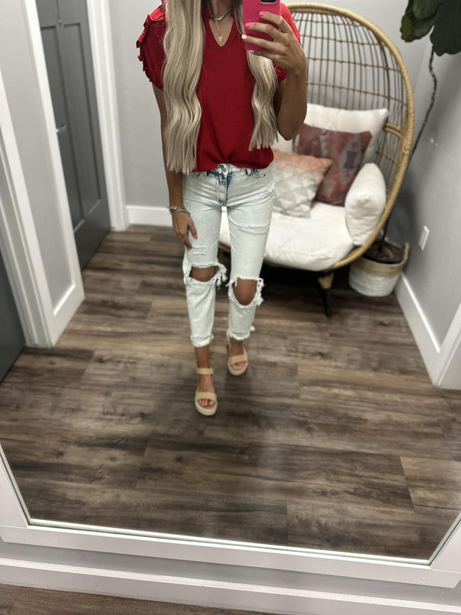 LONG LOST LOVE RED RUFFLE SLEEVE BLOUSE