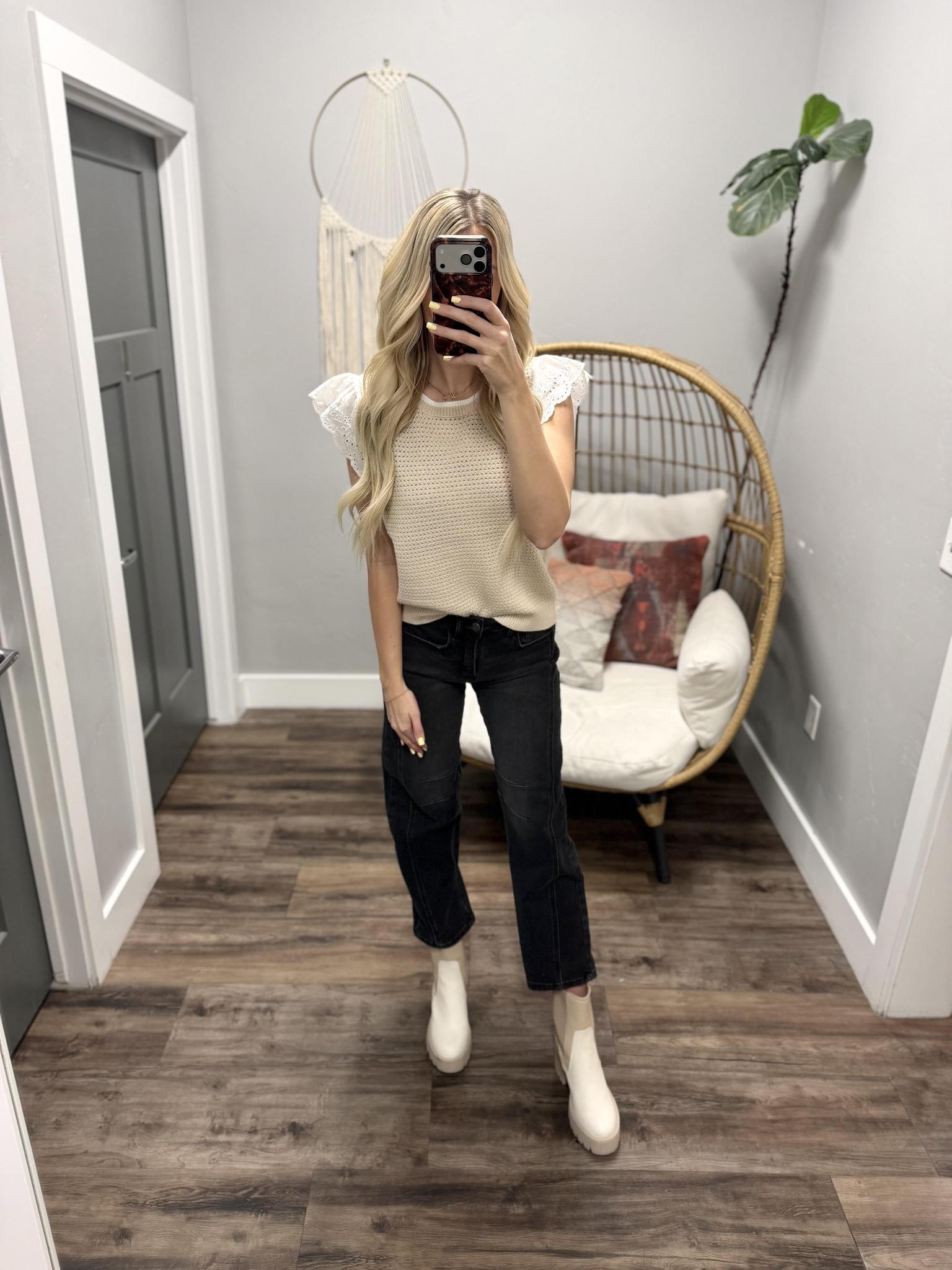 LILY NATURAL KNIT EYELET SLEEVE TOP