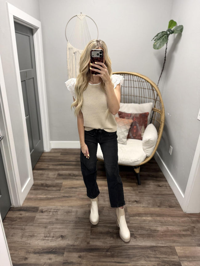 LILY NATURAL KNIT EYELET SLEEVE TOP